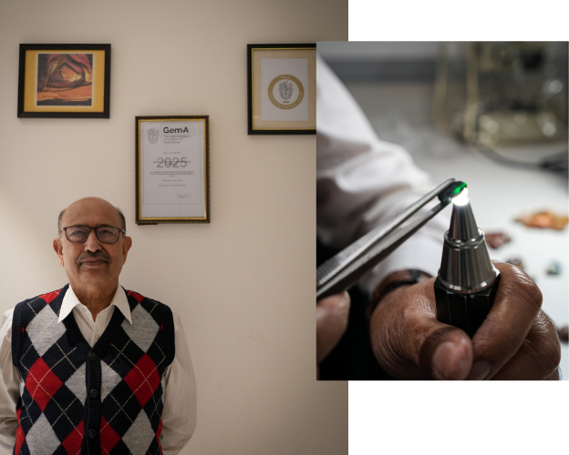 Deepak Bagai founder of ACGS standing by his Gem-A credentials alongside a macro shot of professional gemstone examination using light and tweezers